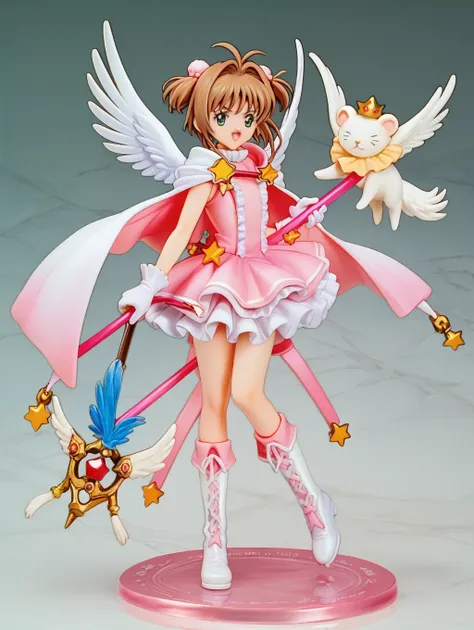 cardcaptor sakura,pink cape,white ruffled blouse,pink dress,a staff decorated with a star on the top and feathers,white folded s...