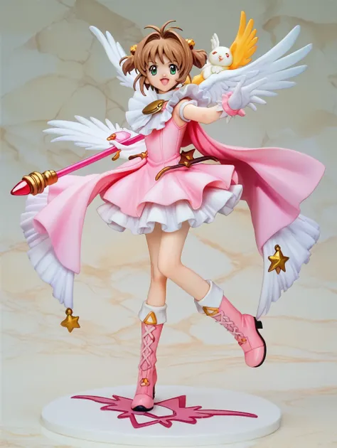 cardcaptor sakura,pink cape,white ruffled blouse,pink dress,a staff decorated with a star on the top and feathers,white folded s...