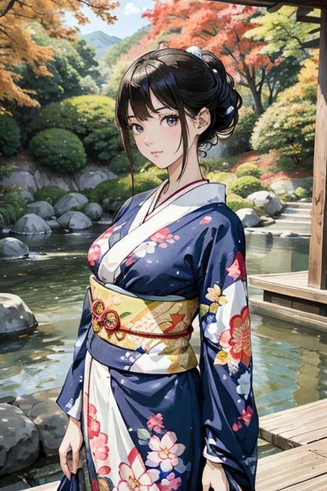 (Best Quality, High resolution, 8k), Japanese painting style, Beautiful Japanese women who look good in kimono,  Japanese clothing with calm colors and patterns, Light brown-black hair, Beautiful eyes, Beautiful lips, A beautiful, well-proportioned face wi...