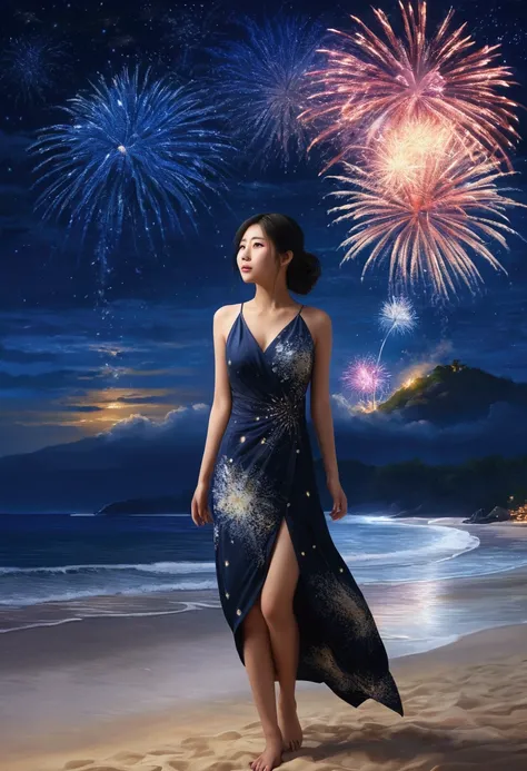 (masterpiece, best quality:1.2), fireworks over resort beach, starry night, beautiful Japanese woman in resort dress, photo, realistic, photorealistic