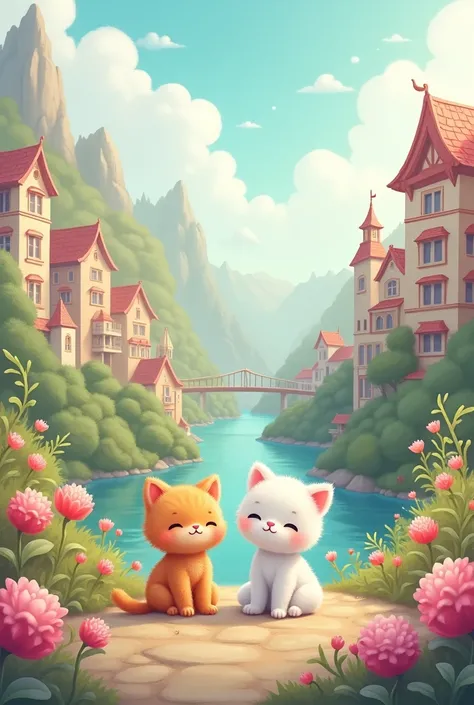 cute and gentle world of soft, fluffy, pastel colors, fantasy art, two friendly cats, various buildings, various flowers and trees, rivers, and cityscapes.