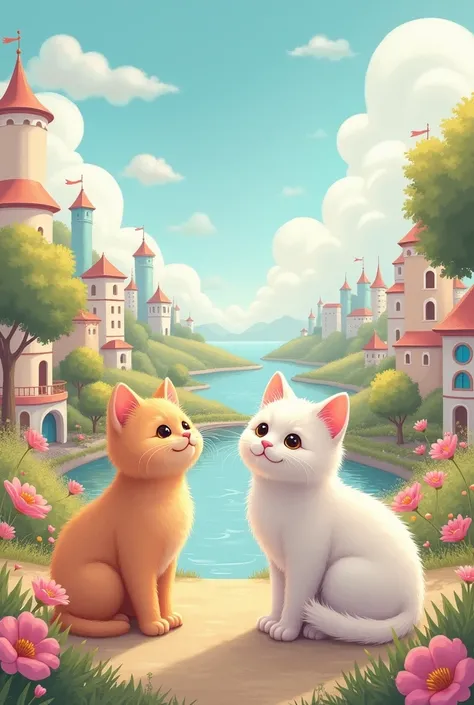 cute and gentle world of soft, fluffy, pastel colors, fantasy art, two friendly cats, various buildings, various flowers and trees, rivers, and cityscapes.