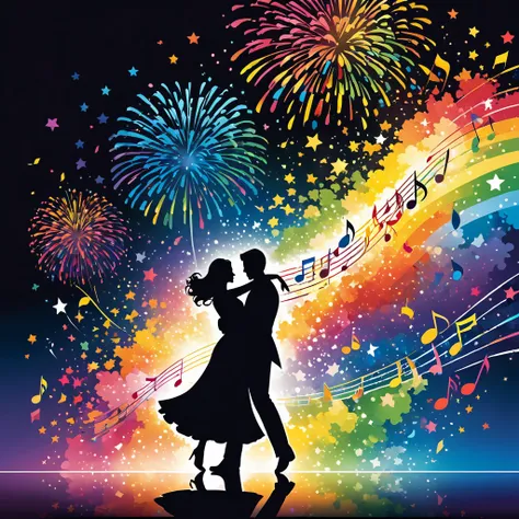 Flat illustration, Vector art, rainbow fireworks sparkling, silhouette art, shadows of intimate two men and women dancing the waltz, There are colorful notes drawn dancing, flowing notes, notes dancing in the wind, musical theme, musical notes, music