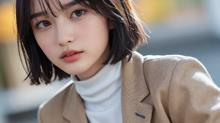 (Bob Cut Hair:1.2),(Camel turtleneck knit、A brown checked blazer for an autumn look:1.2),1 girl,Japanese,21 years old,(Small breasts:1.3),(Best Quality,masterpiece:1.3,超A high resolution,),(Ultra-detailed,Caustics),(Photorealistic:1.4,RAW shooting,)Ultra-R...