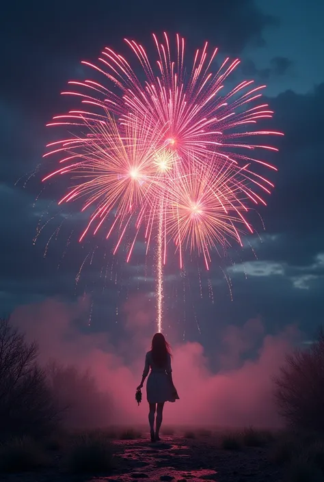 pov, dark night sky, colorful fireworks blooming in the night sky resemble the eye of a beautiful woman, ultra detailed