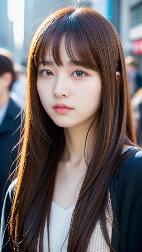 (best quality, 8k, 32k, masterpiece, UHD:1.2), ultra high resolution, (pretty a Korean early teen girl), , portrait, beautiful detailed eyes, semi long brown hair, bangs, crowded city street, (detailed background:1.5)