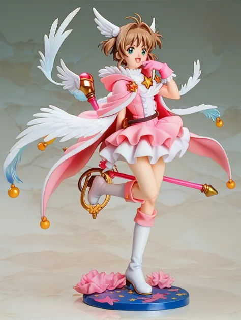 cardcaptor sakura,pink cape,white ruffled blouse,pink dress,a staff decorated with a star on the top and feathers,white folded s...