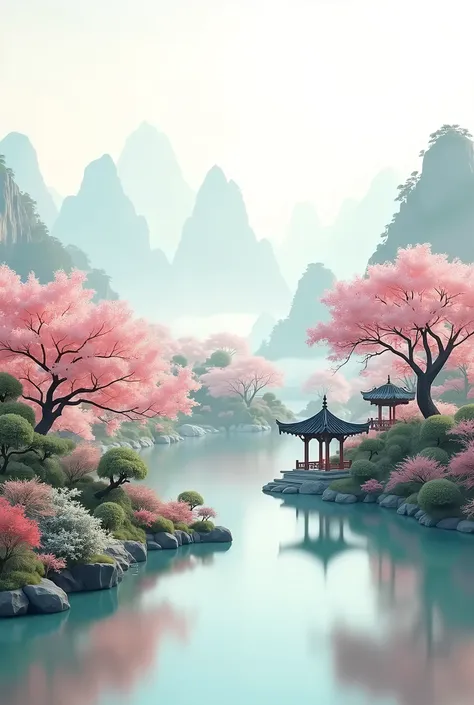 A tranquil garden with traditional Chinese architecture，Pavilion、Featuring cherry blossom trees and bright flowers。Surrounded by mountains in the distance，Clouds and mist，The painting adopts soft pastel watercolor style。This landscape painting combines ele...