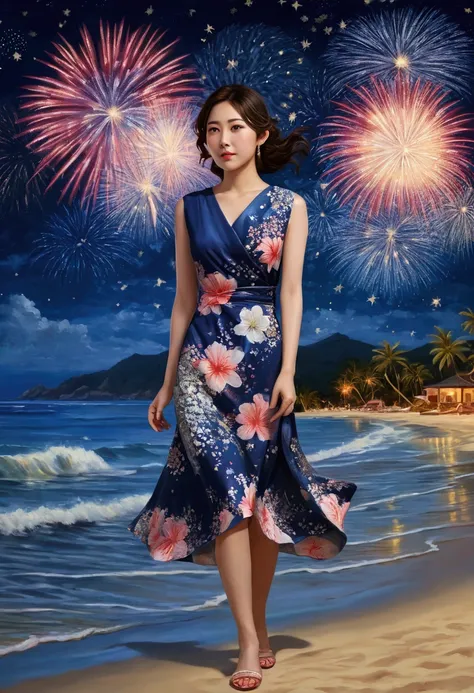 (masterpiece, best quality:1.2), fireworks over resort beach, starry night, beautiful Japanese woman in flower-patterned resort dress, photo, realistic, photorealistic