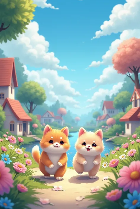 cute and gentle world of soft, fluffy, pastel colors, fantasy art, two friendly cats, various buildings, various flowers and trees, rivers, and cityscapes, anime manga illustration cartoon style