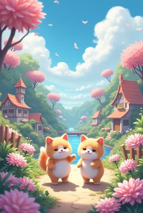 cute and gentle world of soft, fluffy, pastel colors, fantasy art, two friendly cats, various buildings, various flowers and trees, rivers, and cityscapes, anime manga illustration cartoon style