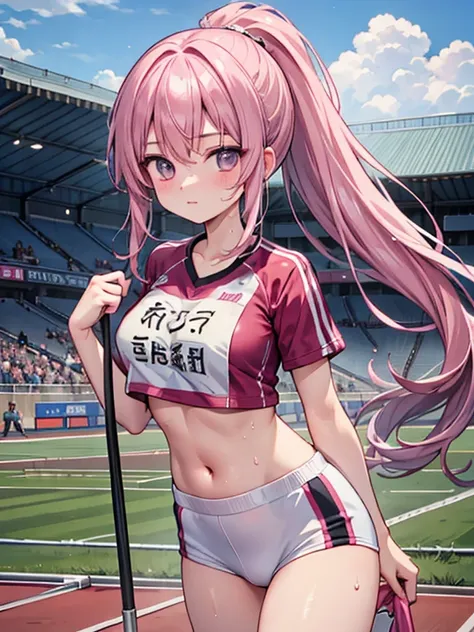 (best quality:1.2), masterpiece, looking at viewer, cowboy shot, 1giri, large breasts, crop top, track and field uniform, pink tops, midriff, bare navel, long hair, high ponytail, shiny skin, wet body, 