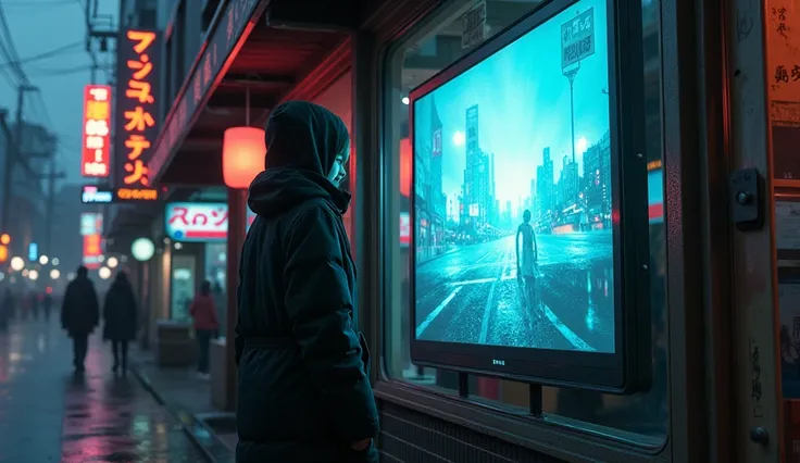 ((best quality)), ((masterpiece)), (detailed), ((Cyberpunk)), mid shot, cyberpunk, Japanese urban street, dull grey sky, early evening, neon signage further in the background, one-point perspective, has rained earlier, in the window of a shop amongst a row...