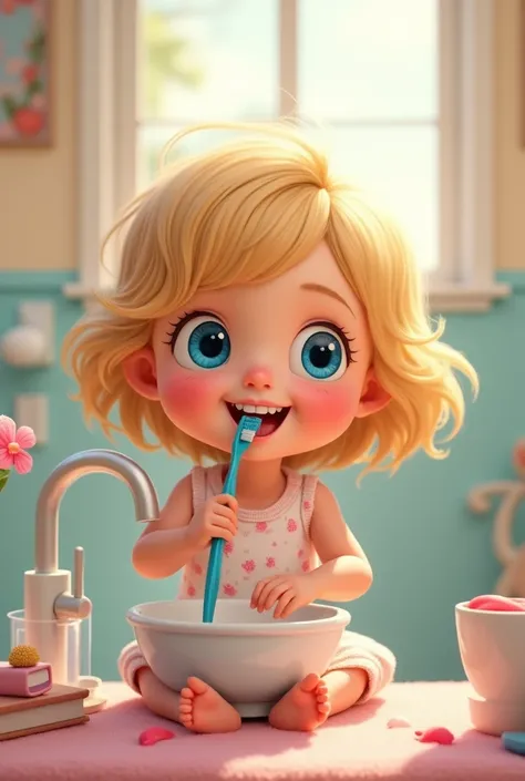 Un bebe fille cheveux blond et court avec les yeux bleu qui se lave les dents style disney