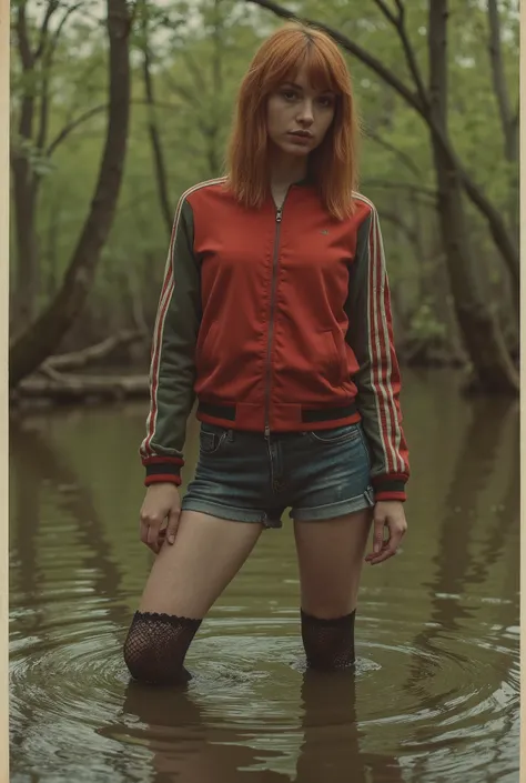 Red-haired 40-years-old plain-looking woman, drowning standing in a sticky swamp. posing. She is wearing a jeans cut-offs and detailed black laced stockings and tight copmletely zipped tracksuit jacket. vintage poster aesthetics, 