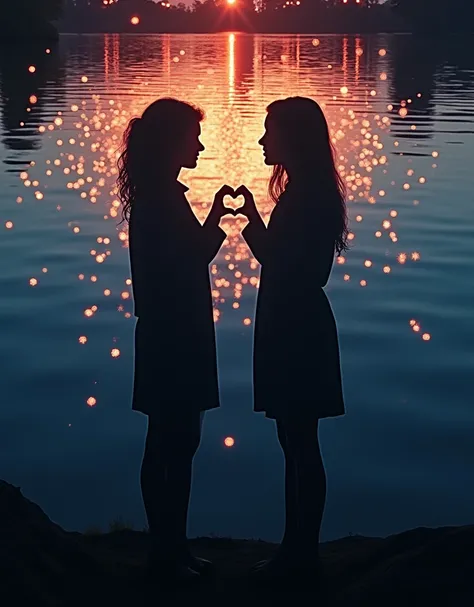 Their own shadows on the mirror-like lake surface, a subjective photograph of only shadows, long shadow, shadow of two girls, Two girls they are putting one arm together to make a heart shape, Accurate human-shaped shadow, Shadows of a woman with accurate ...