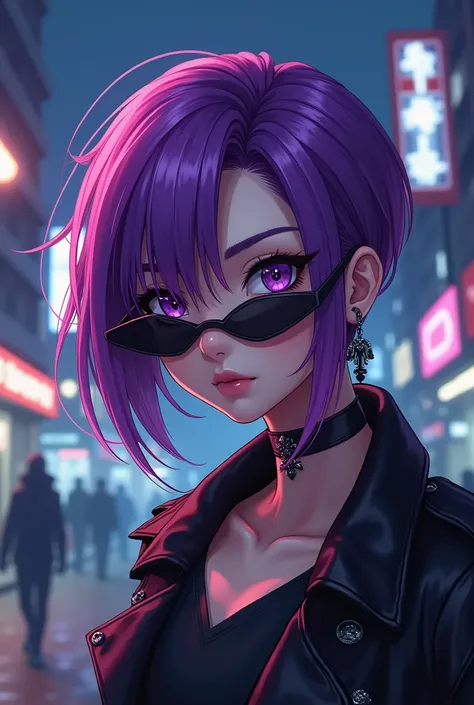 Dramatic anime illustrations、Purple hair color、Pointy sunglasses、Cool Yankee、masterpiece, best quality, extremely detailed CG unity 8k wallpaper,