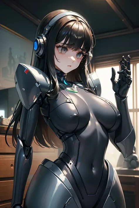 (masterpiece),(Highest quality),(Super detailed),(Best illustrations),(Best Shadow),(Absurd),(Detailed Background),(so beautiful), 16K, 8K, 4K,(Best Shadow),robotization,woman ,big bust,Robot Joint ,Metal skin,Black robot Suit,long hair,a black robot suit ...