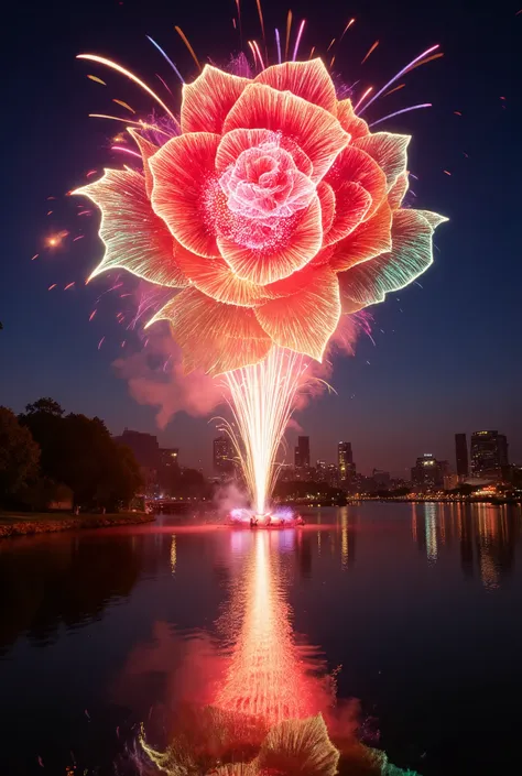 beautiful fireworks in the shape of a rose in the sky of the beautiful lake in the city