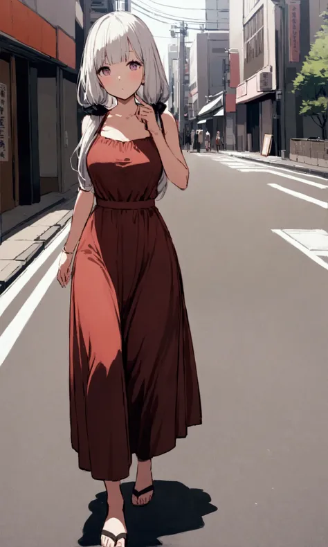 A cute woman in a form fitting dress casually walking along the street, midday, tokyo, show her head to toe