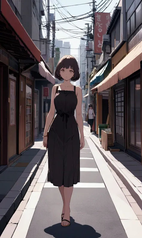 A cute woman in a form fitting dress casually walking along the street, midday, tokyo, show her head to toe