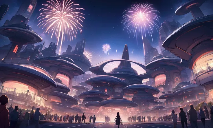 sci fi city, some alien architecture, populated by (humans, very inhuman robots, and a few aliens), the populace fill the streets and rooftops as the night sky is filled with fireworks