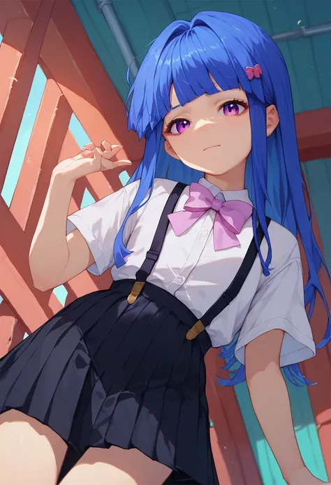 1girl, furude rika, blue hair, purple eyes, white shirt, pink bow, suspenders, black skirt, 20 years old