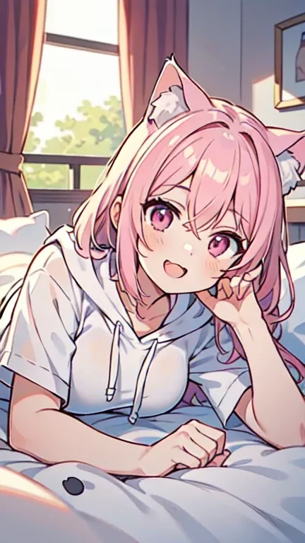 ((A pretty girl with light pink hair and pink eyes is lying on the bed)), ((Wearing a white hood)), ((cat ears)), ((Heart sign)), baby face, ((masterpiece, Top quality, Ultra high definition, High resolution)), anime girl, ((Very detailed illustrations:1.2...