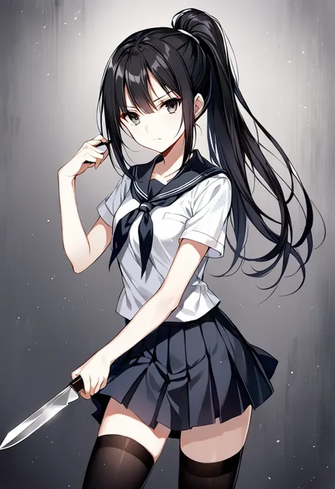 1girl, pale skin, dark grey eyes, and straight, mid-back length black hair, grey eyes, black hair worn in a ponytail held up by a white hair tie, black, thigh-high stockings, Japanese school uniform, straight face,  holding knife in left hand, 