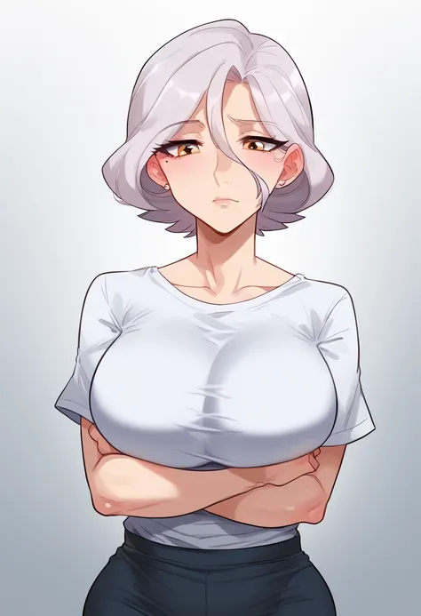 Hyper realistic, mother, gilf, mature female, perfect face, perfect lighting,, sexy female, closed mouth, beauty mark, thicc, huge breasts, ラウンド neck half sleeve white ribbed knit T-shirt(loose)、Black long skirt、Fold your arms under your chest、crossed arms...