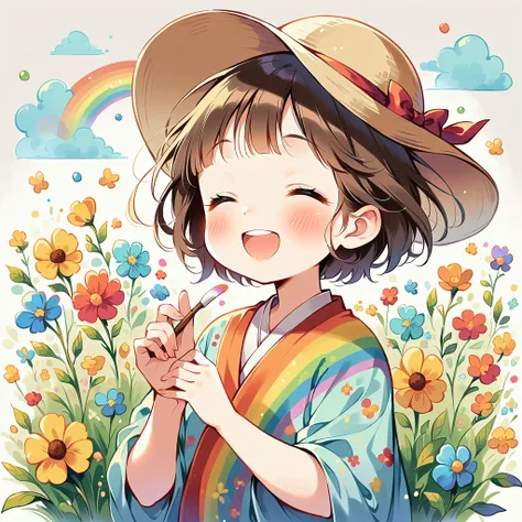 Big smile、Close your eyes、Laughing with your mouth open、big smileに変えて、Change the grass and trees into flowers、short hair、Brown eyes、A kind smile、Heavy rain and thunder、、Painting a rainbow with a paintbrush、Blowing bubbles