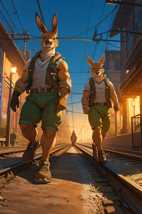 muscular kangaroos, 2 kangaroos, wearing thick diapers, hopping along railroad track, highly detailed, 8k, photorealistic, cinematic lighting, surreal, fantasy, whimsical, colorful, vibrant colors