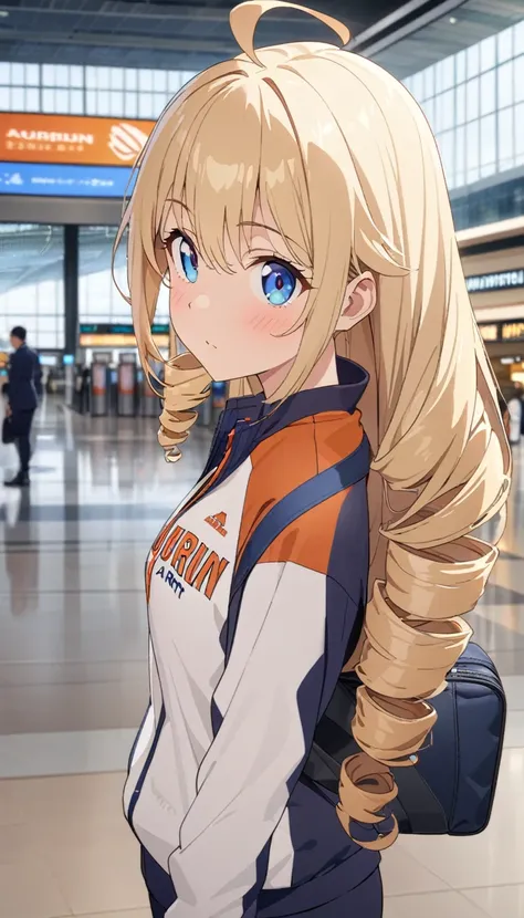 woman、blonde、Long Hair、Drill Hair、Ahoge、blue eyes、Tree Eyes、Details、Look up、Auburn sportswear、Auburn sportswearのズボン、whole body、、、Narita International Airport Background、anime、、Best Quality、masterpiece、Detailed Description、Speedy Shot, cute, Best Hand