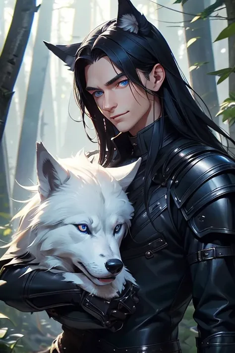 Perfect face. Perfect hands. A black haired man with blue eyes and a navy wolf ears and wolf tail in Gothic leather armor is smiling while petting an animal in the woods
