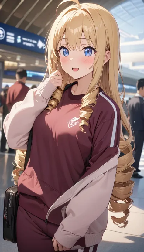 woman、blonde、Long Hair、Drill Hair、Ahoge、blue eyes、Tree Eyes、Details、Look up、Wink、Maroon sportswear、Maroon sportswearのズボン、whole body、、、Narita International Airport exterior background、anime、、Best Quality、masterpiece、Detailed Description、Speedy Shot, cute, B...