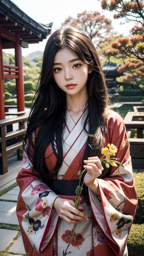 One girl, High resolution, Long Hair, Black Hair, Half-up hairstyle, kimono,Red face, Nikon, Picking flowers,,Background Japanese garden,Age 15,Beautiful Korean