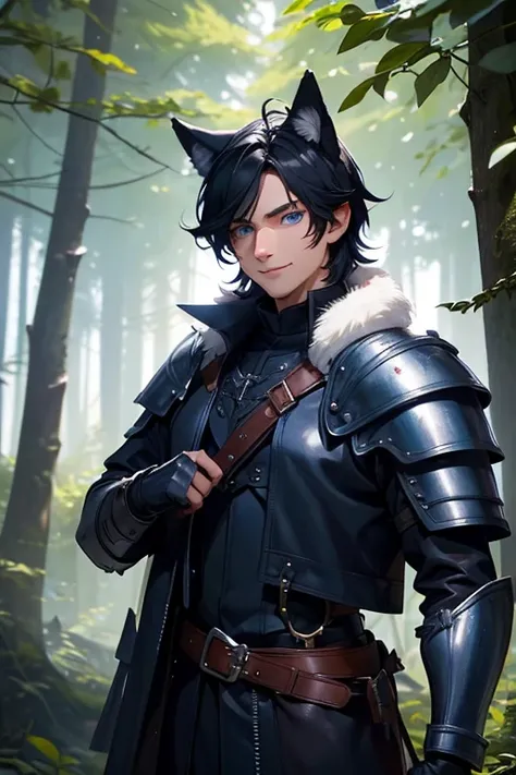 Perfect face. Perfect hands. A black haired man with blue eyes and a navy wolf ears and wolf tail in Gothic leather armor is smiling while helping students in the woods