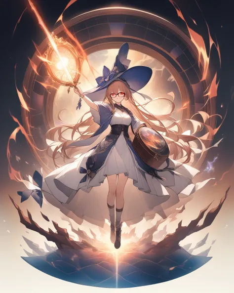 Use magic with an oval mirror、Large mirror、Aura emitting mirror、Whole body、The background is a fantasy world、Girl wearing a big hat、Wearing glasses、Traveler、chest、Red eyes、Her hair is white.、Arm up、