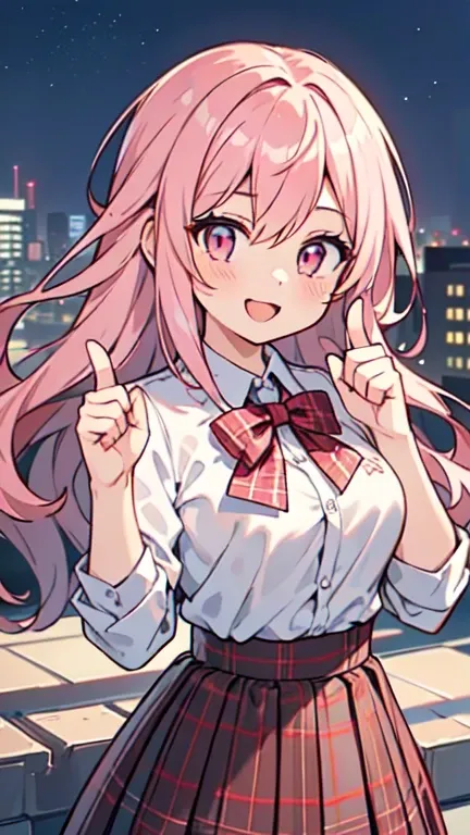 ((A pretty high school girl with light pink hair and pink eyes.)), ((Wearing a white shirt and a plaid skirt)), baby face, ((masterpiece, Top quality, Ultra high definition, High resolution)), anime girl, ((Very detailed illustrations:1.2)), Just one perso...