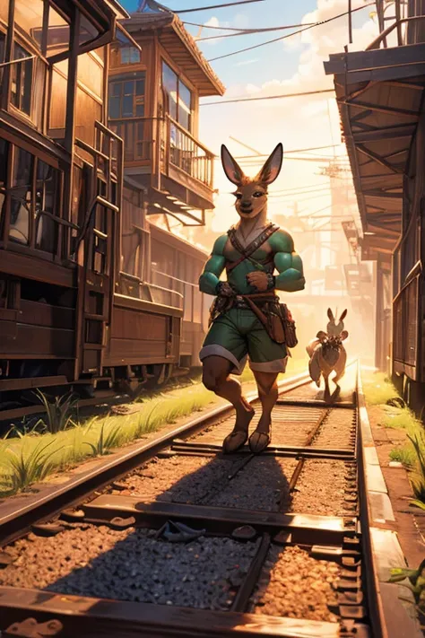 muscular kangaroos, 2 kangaroos, wearing thick diapers, hopping along railroad track, highly detailed, 8k, photorealistic, cinematic lighting, surreal, fantasy, whimsical, colorful, vibrant colors