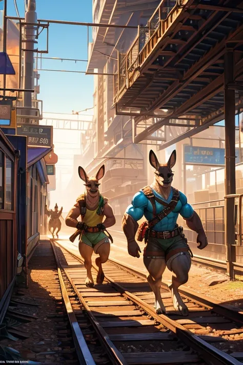 muscular kangaroos, 2 kangaroos, wearing thick diapers, hopping along railroad track, highly detailed, 8k, photorealistic, cinem...