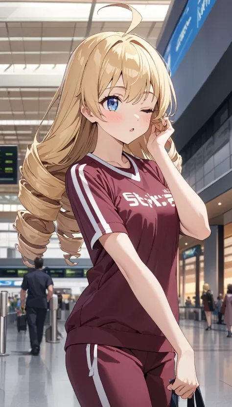 woman、blonde、Long Hair、Drill Hair、Ahoge、blue eyes、Tree Eyes、Details、Look up、one eye closed、Maroon sportswear、Maroon sportswearのズボン、whole body、、、Narita International Airport exterior background、anime、、Best Quality、masterpiece、Detailed Description、Speedy Sho...