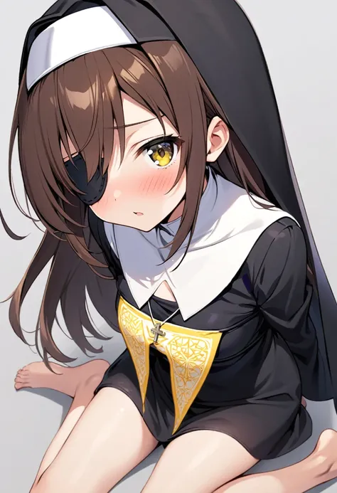 Yuuki Mikan,

One female, Solo, Long hair, Brown hair, Hair accessories, Looking at viewer,

Blushing, Collarbone, Yellow eyes, Small breasts, Barefoot, Glossy skin,

Simple background,

(((Nun))), (((Nuns habit))),

Ofuda-style eyepatch bikini top only, (...