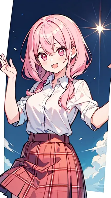 ((A pretty high school girl with light pink hair and pink eyes.)), ((Wearing a white shirt and a plaid skirt)), baby face, ((masterpiece, Top quality, Ultra high definition, High resolution)), anime girl, ((Very detailed illustrations:1.2)), Just one perso...