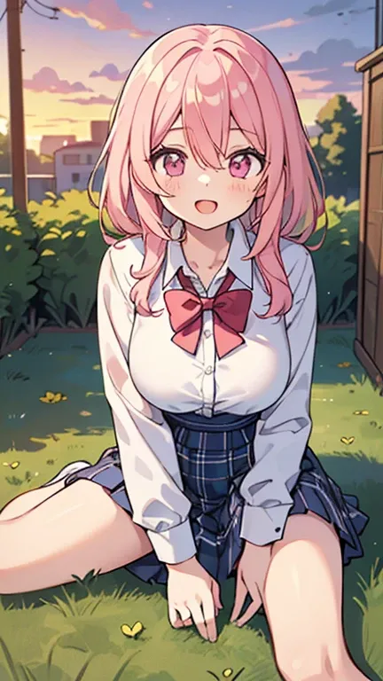 ((A pretty high school girl with light pink hair and pink eyes.)), ((Wearing a white collared shirt and a plaid skirt)), baby face, ((masterpiece, Top quality, Ultra high definition, High resolution)), anime girl, ((Very detailed illustrations:1.2)), Just ...