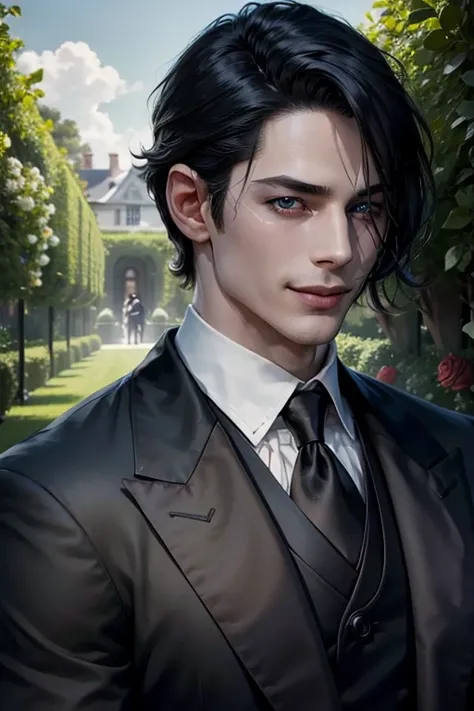 黒Butler、solo,Sebastian、 High resolution, Look at, smile, blue eyes, Black Hair, Open your mouth a little, Overlooking, Black eyepatch right eye、british aristocrat、Rose Garden、Butler
