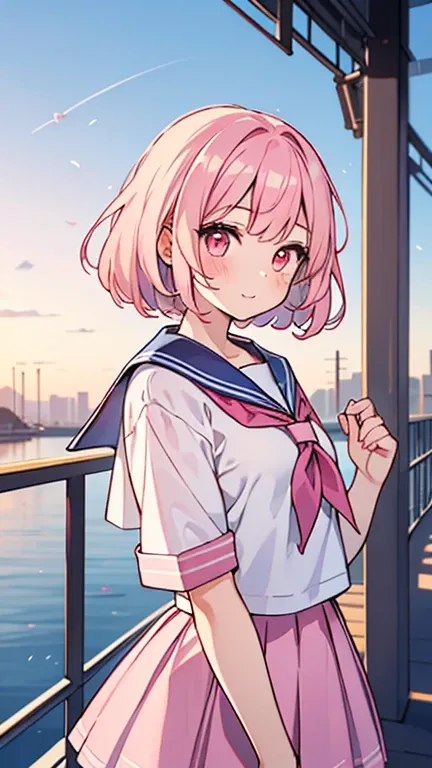 ((A pretty high school girl with light pink hair and pink eyes.)), ((Wearing a sailor&#39;s uniform)),  baby face, ((masterpiece, Top quality, Ultra high definition, High resolution)), anime girl, ((Very detailed illustrations:1.2)), Just one person, bangs...