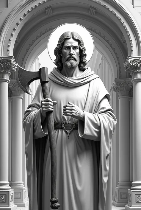 I want you to make Saint Jude, the apostle of the basilica of the sanctuary of Antioch with an axe in grayscale in bmp format for a CNC machine, Roter Artcam, 