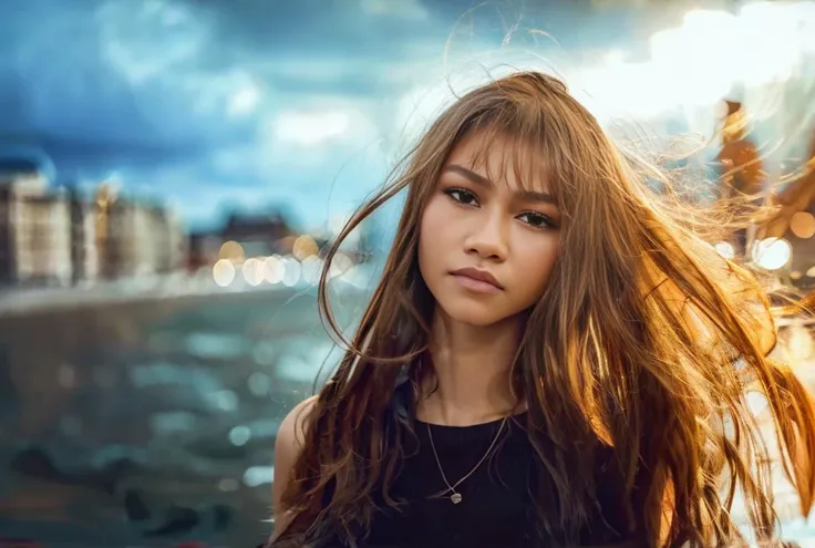 (zendaya:.4), (32k:1.5, Highest quality, masterpiece, Ultra-high resolution), Professional camera work:1.6, Highly detailed skin and face textures:1.3, Captivating portrait:1.2, Very accurate, Very detailed, 1 adult female, Incredibly slim body, sense of l...