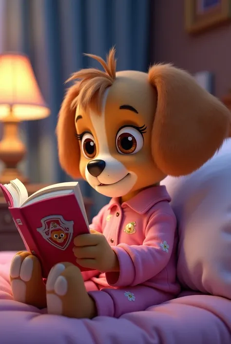 Stella from Paw Patrol with her brown fur and pink pajamas reads a story before going to sleep 